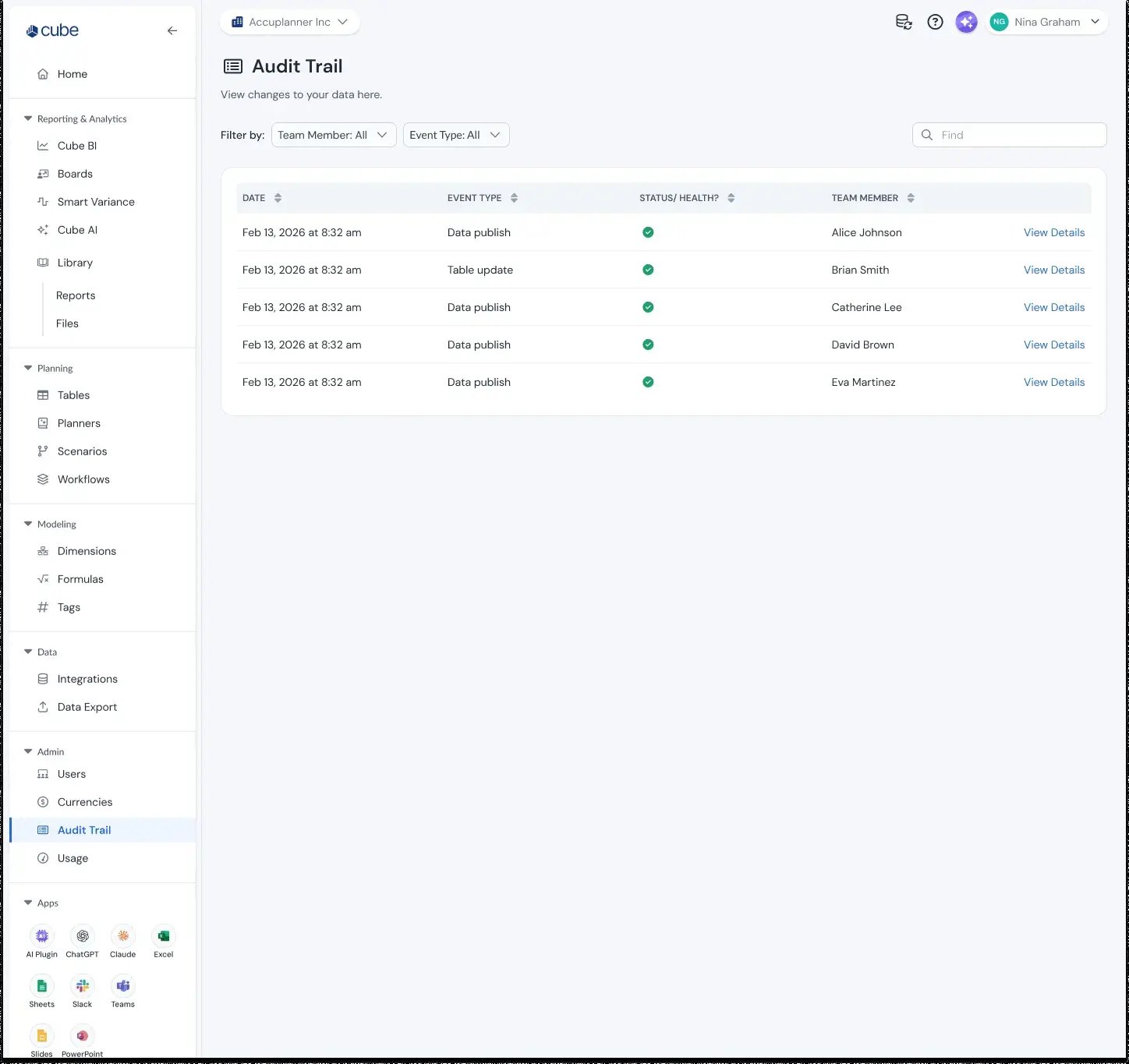 Cube Workspace Audit Trail screen listing data publishes and table updates with date, event type, status, and team member, each row with a View Details link.