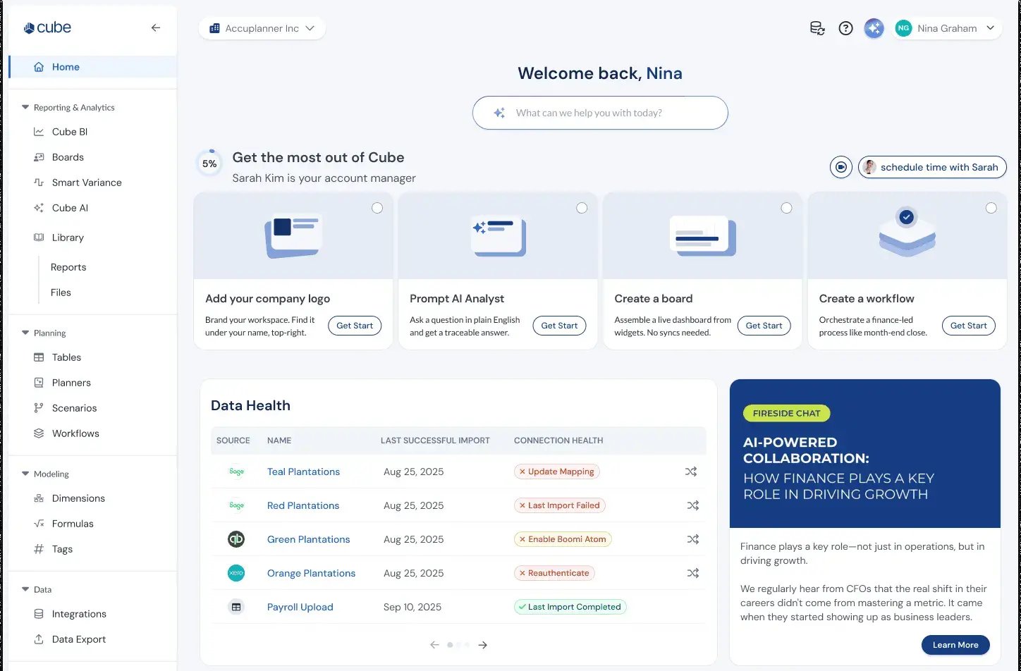 The Cube Workspace homepage: a personalized welcome with the AI Analyst prompt bar, onboarding cards, and a Data Health panel showing connection status for every source.