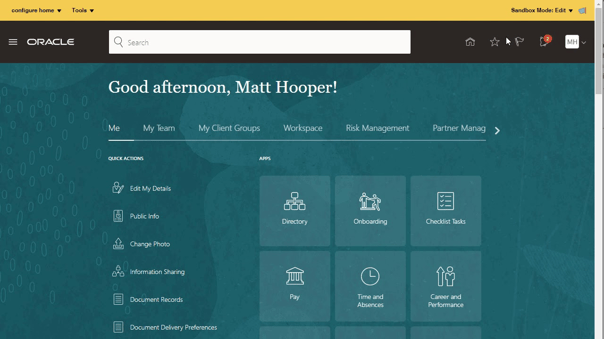 Oracle home dashboard with “Good afternoon, Matt Hooper!” and app tiles for Directory, Onboarding, and Pay.