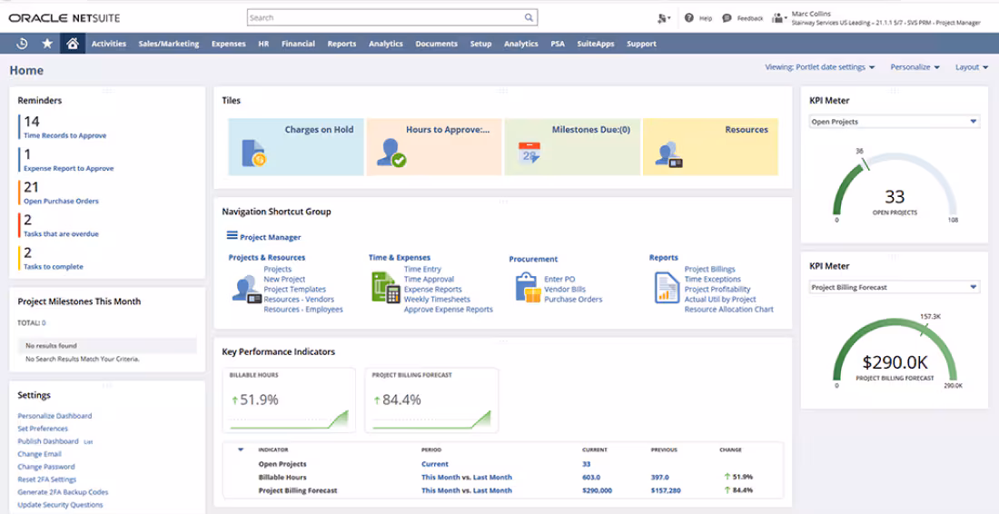 Netsuite's Professional services automation (PSA) dashboard