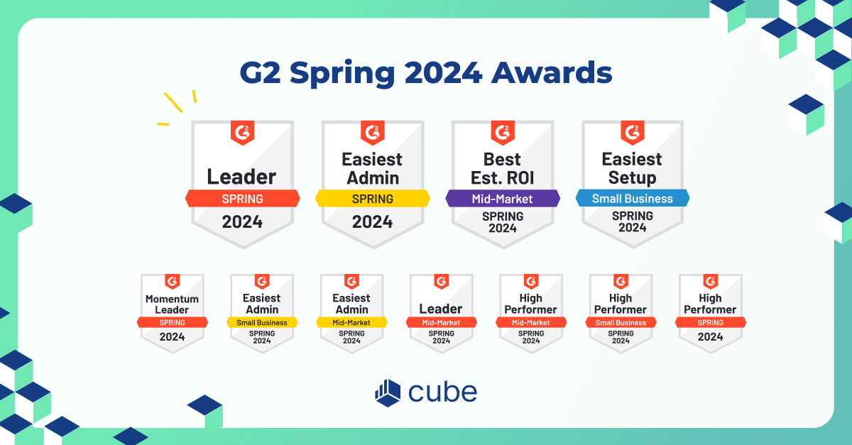 G2 recognizes Cube as a Leader in the FP&A space, awarding badges for Easiest Setup, Best Estimated ROI, and more (Spring ‘24)
