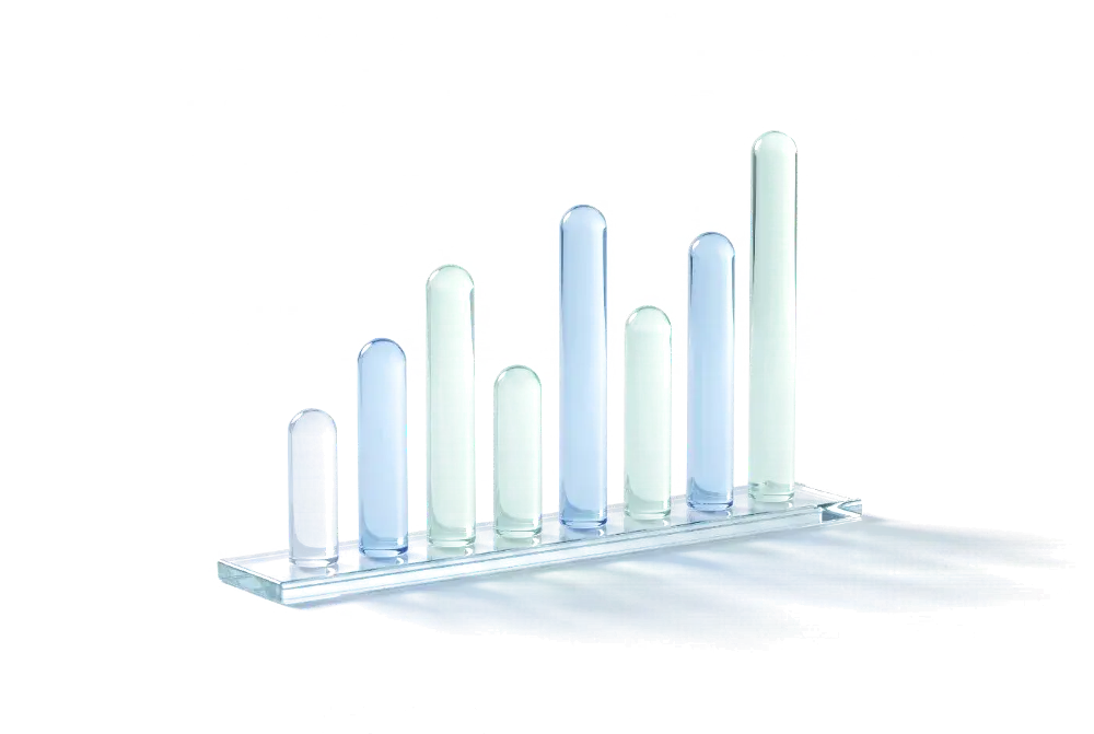 Glass columns of different heights, like a bar chart