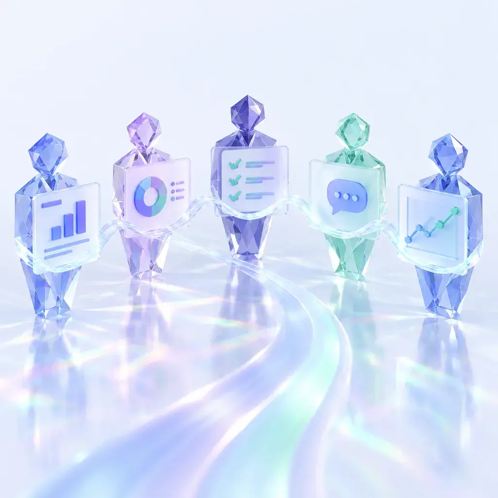 A team of glass prism agents, each with a pane for decks, dashboards, checklists and charts