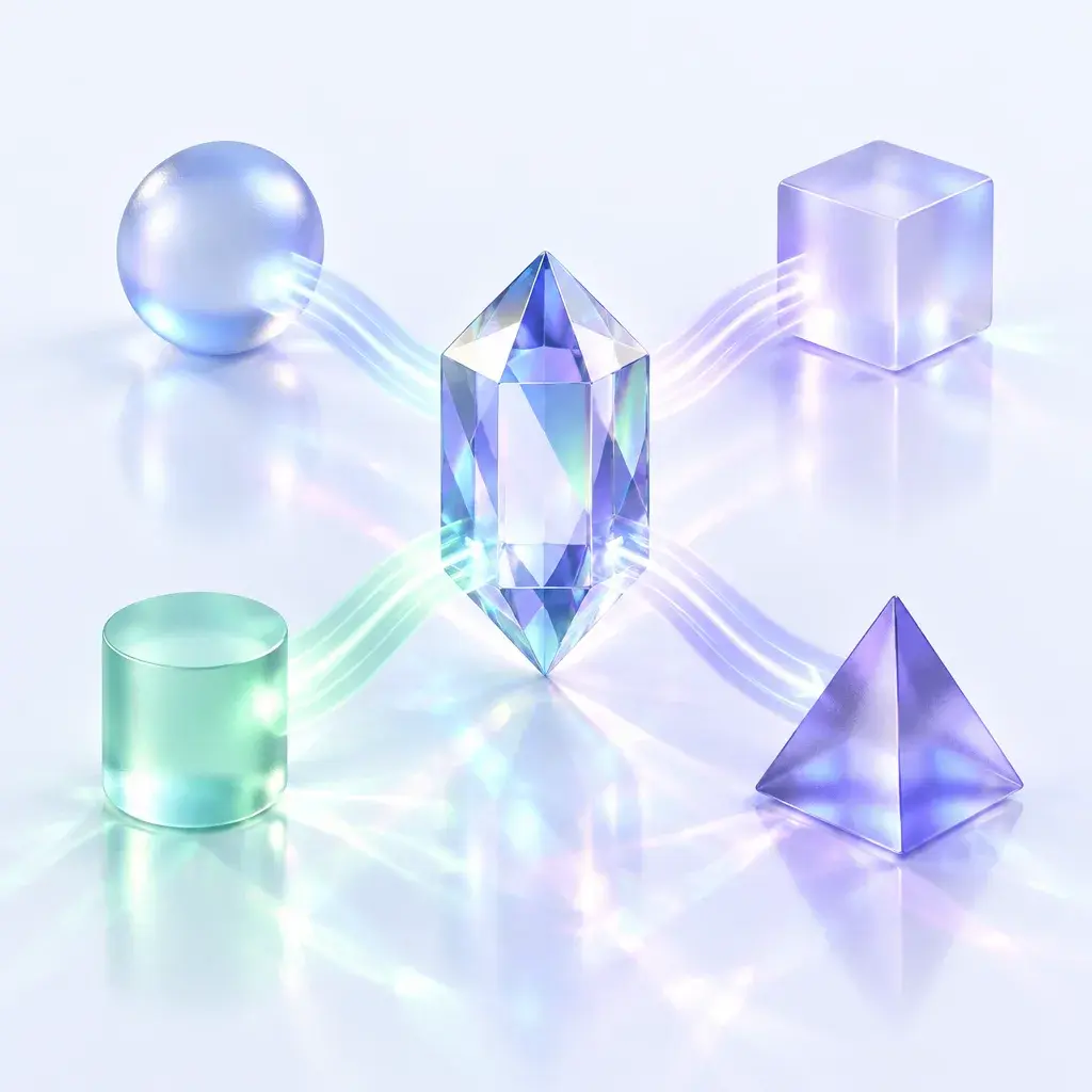 A crystal prism at the center, linked by light to four glass shapes