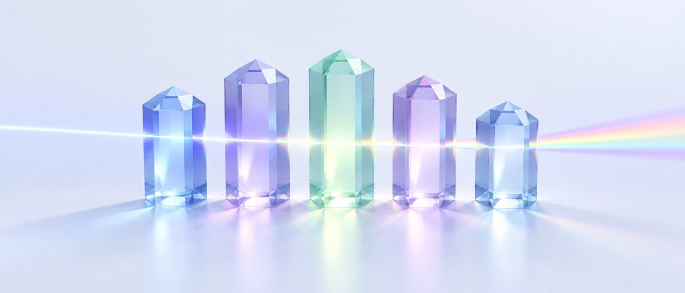 Glass shapes organizing scattered data, representing the Data Manager agents
