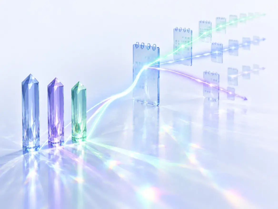 Three glass prisms send light into a forecast line that branches into three scenarios across glass calendar pages