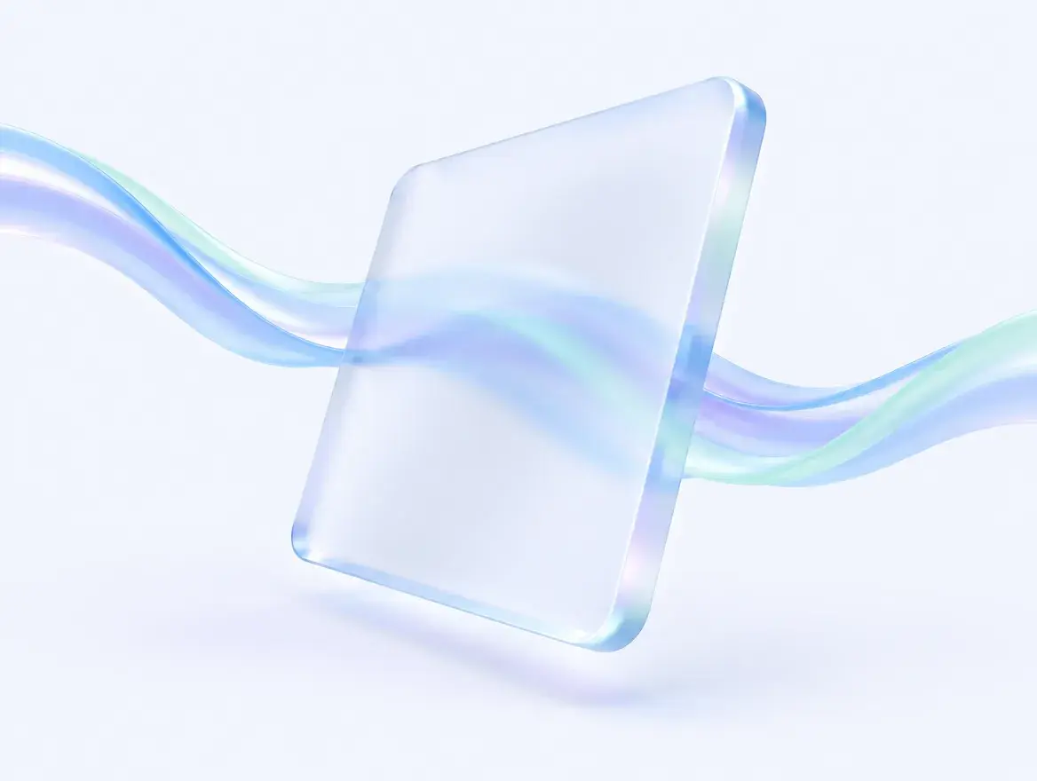 Frosted glass slab with a blue and mint light ribbon flowing through it, representing governed data moving through Cube
