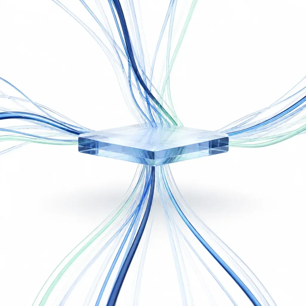 Glass streams flowing into one layer, representing unified financial data