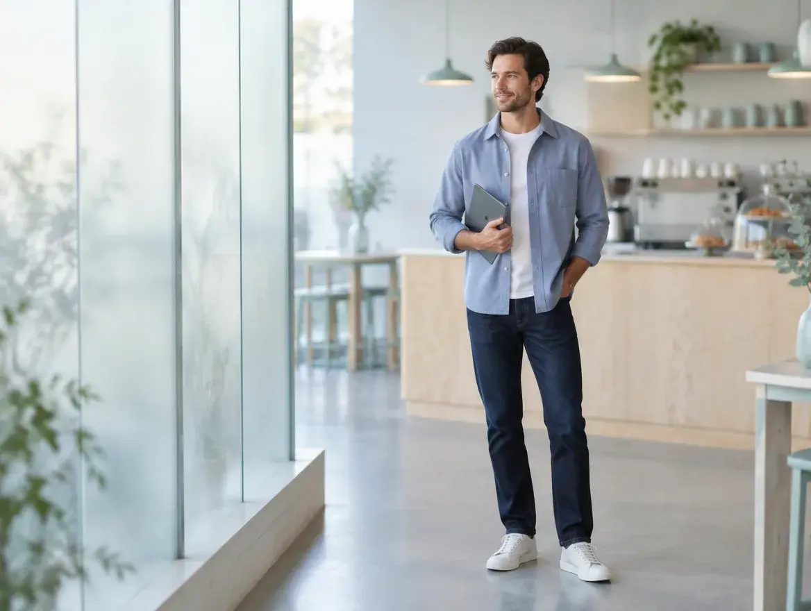 Multi-location finance lead standing in a bright modern cafe storefront