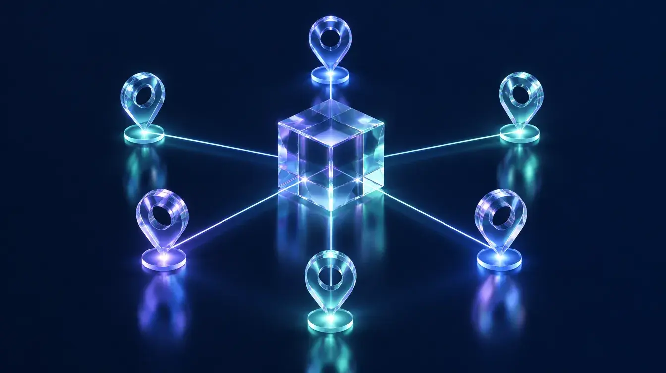 Glass map pins connected by light into one crystal cube