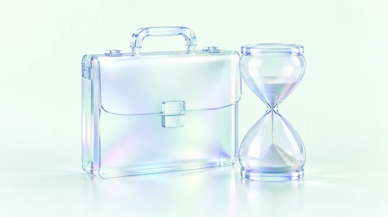 Glass briefcase beside an hourglass