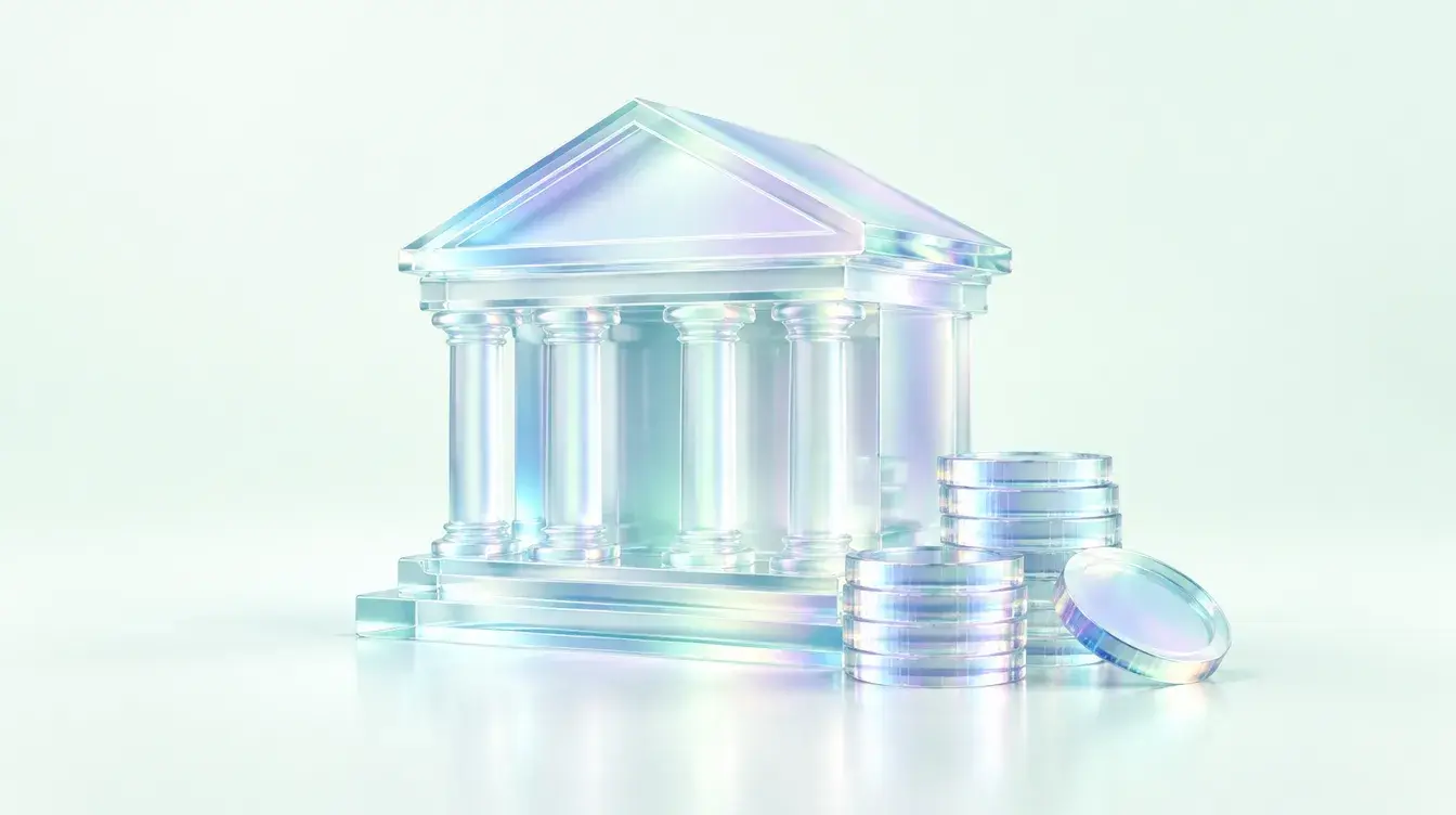 Glass bank building with stacked coins
