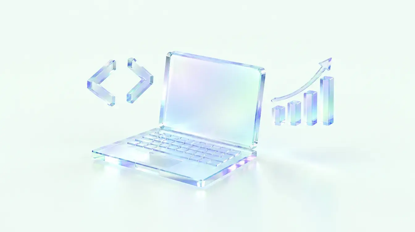 Glass laptop with code brackets and a rising chart