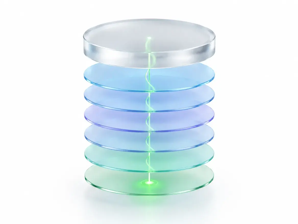 Layered glass panels with a line tracing from a summary figure down to source detail