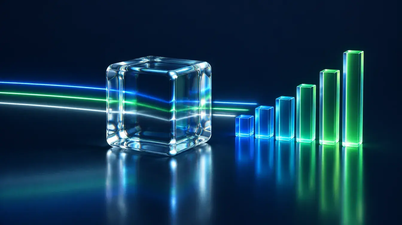 Rows of glass tiles flowing into a crystal cube, scheduled hours on one model