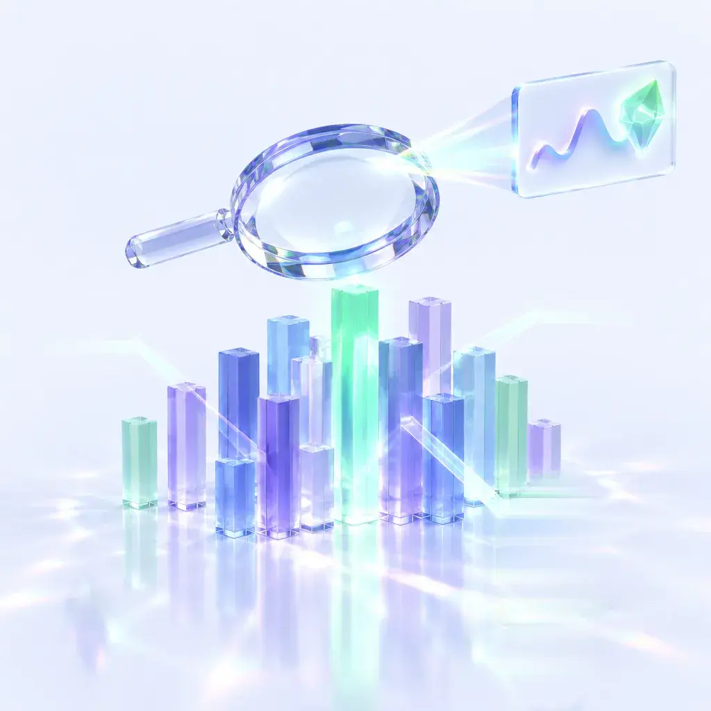 A glass lens over glass bar charts, and a beam into an insight card