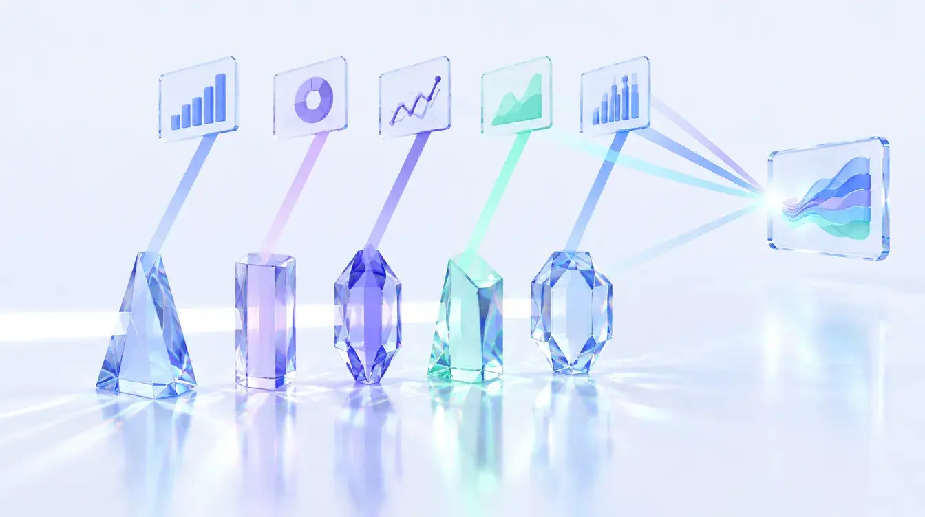 Five glass prisms refracting light onto chart panes that converge into one insight card