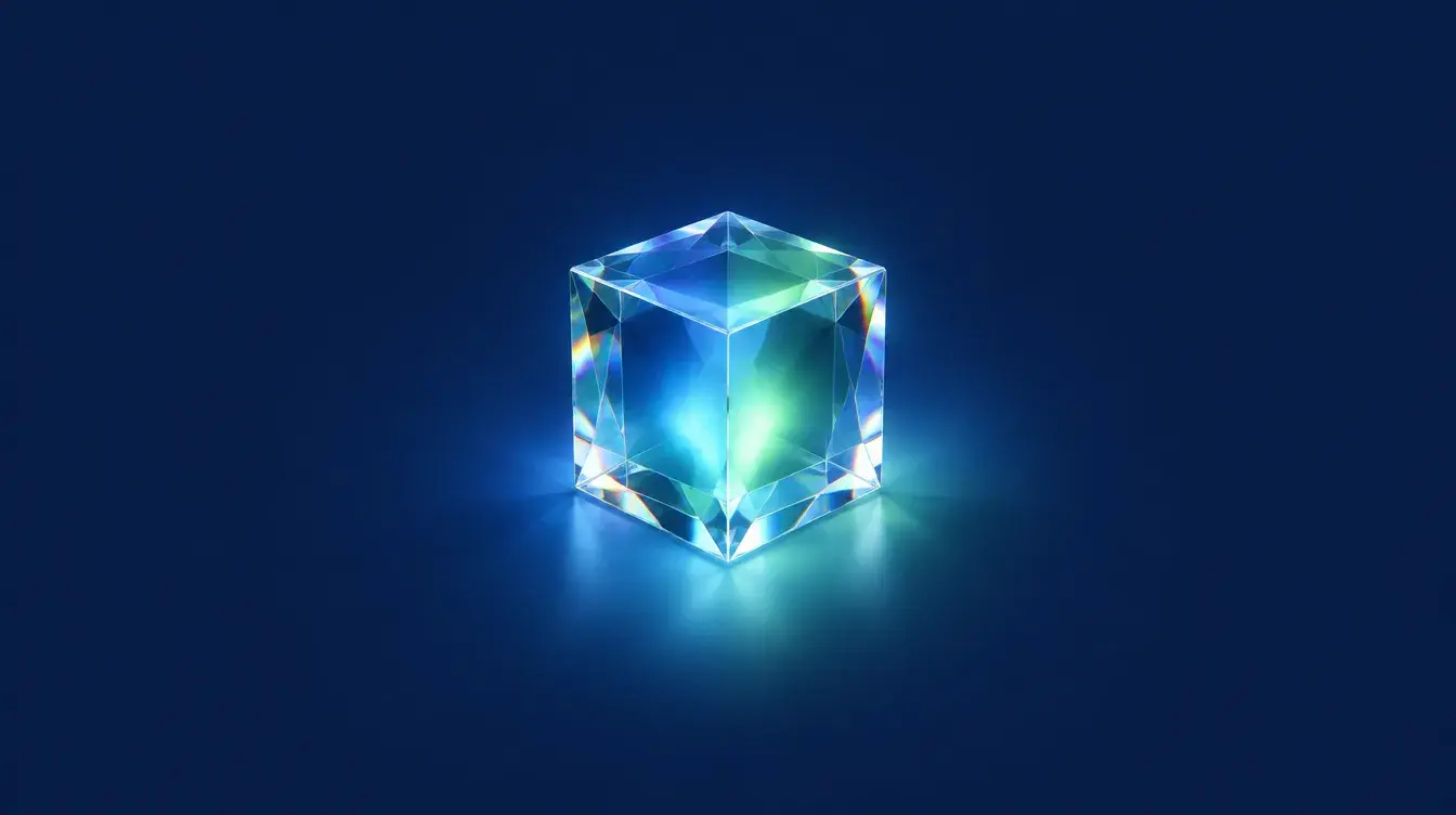 Rows of glass tiles flowing into a crystal cube, scheduled hours on one model
