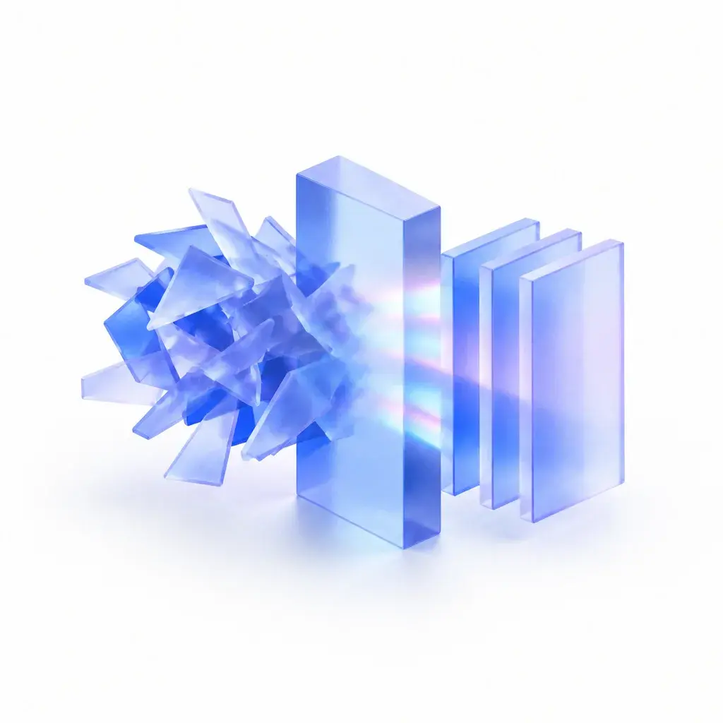 Scattered glass shards passing through a glass slab and coming out as clean, ordered panels