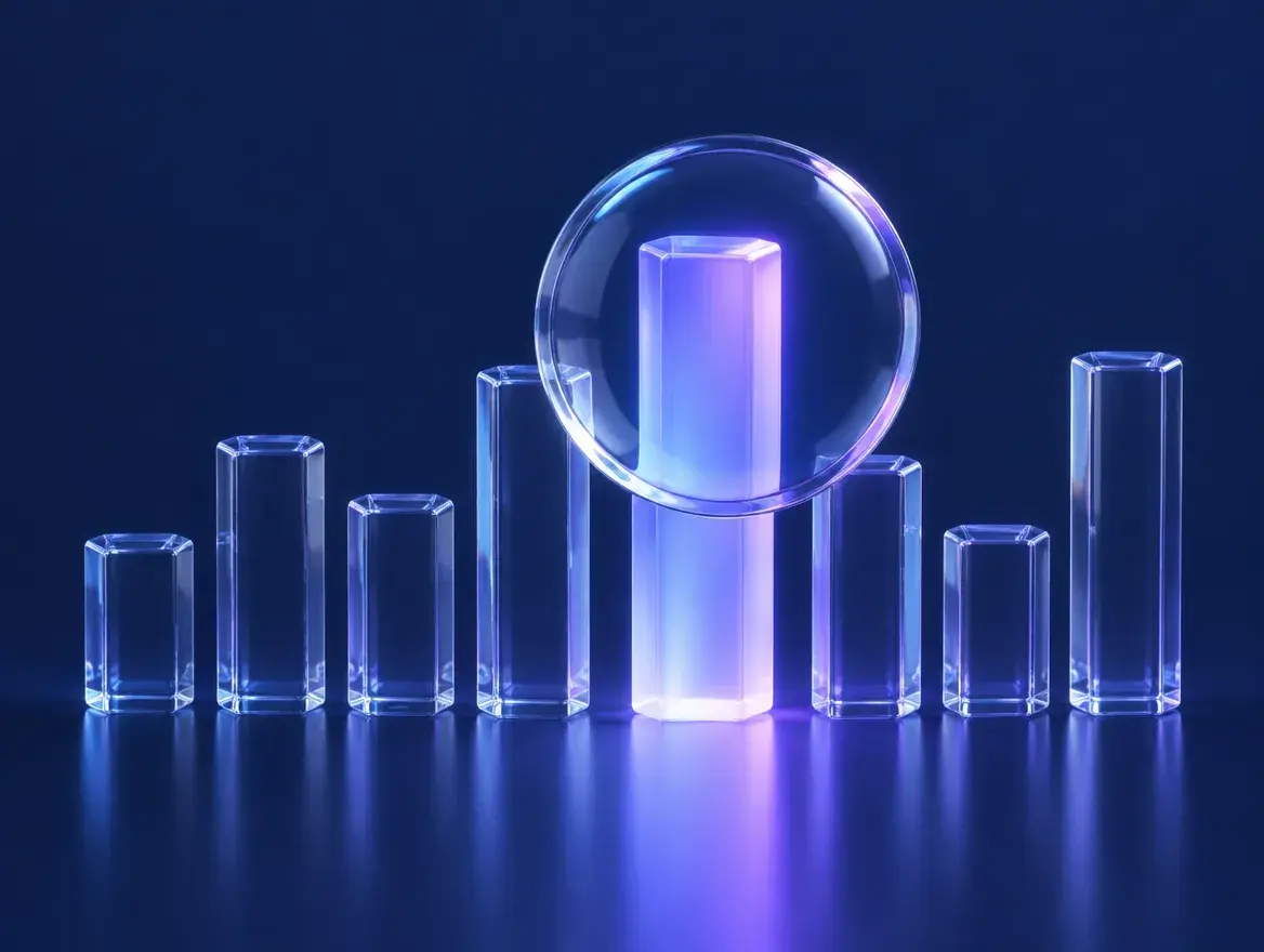 A glass magnifying lens over the one bar chart column that changed
