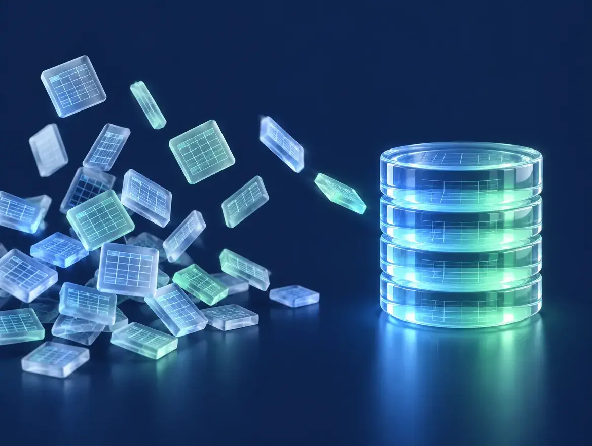 Scattered glass spreadsheet tiles landing in one neat glass data stack