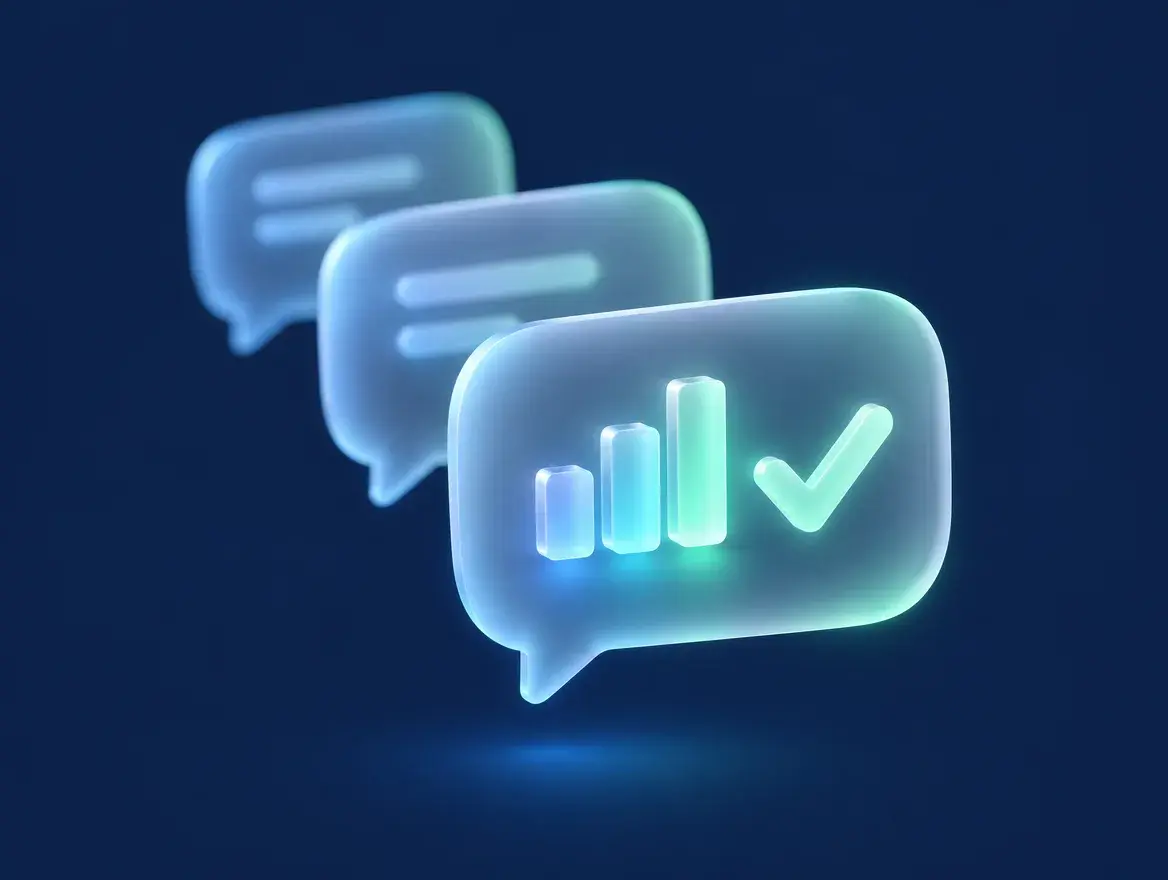 Glass chat bubbles, the front one holding a chart and a check mark