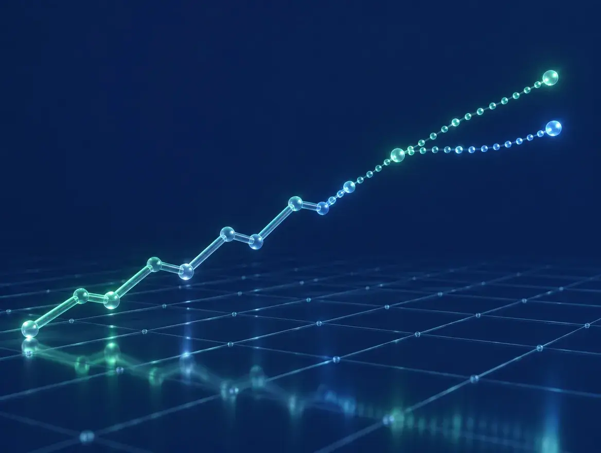 A glass line chart rising into two forecast paths