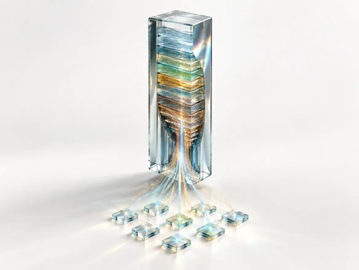 A glass bar opening into threads that lead to individual locations